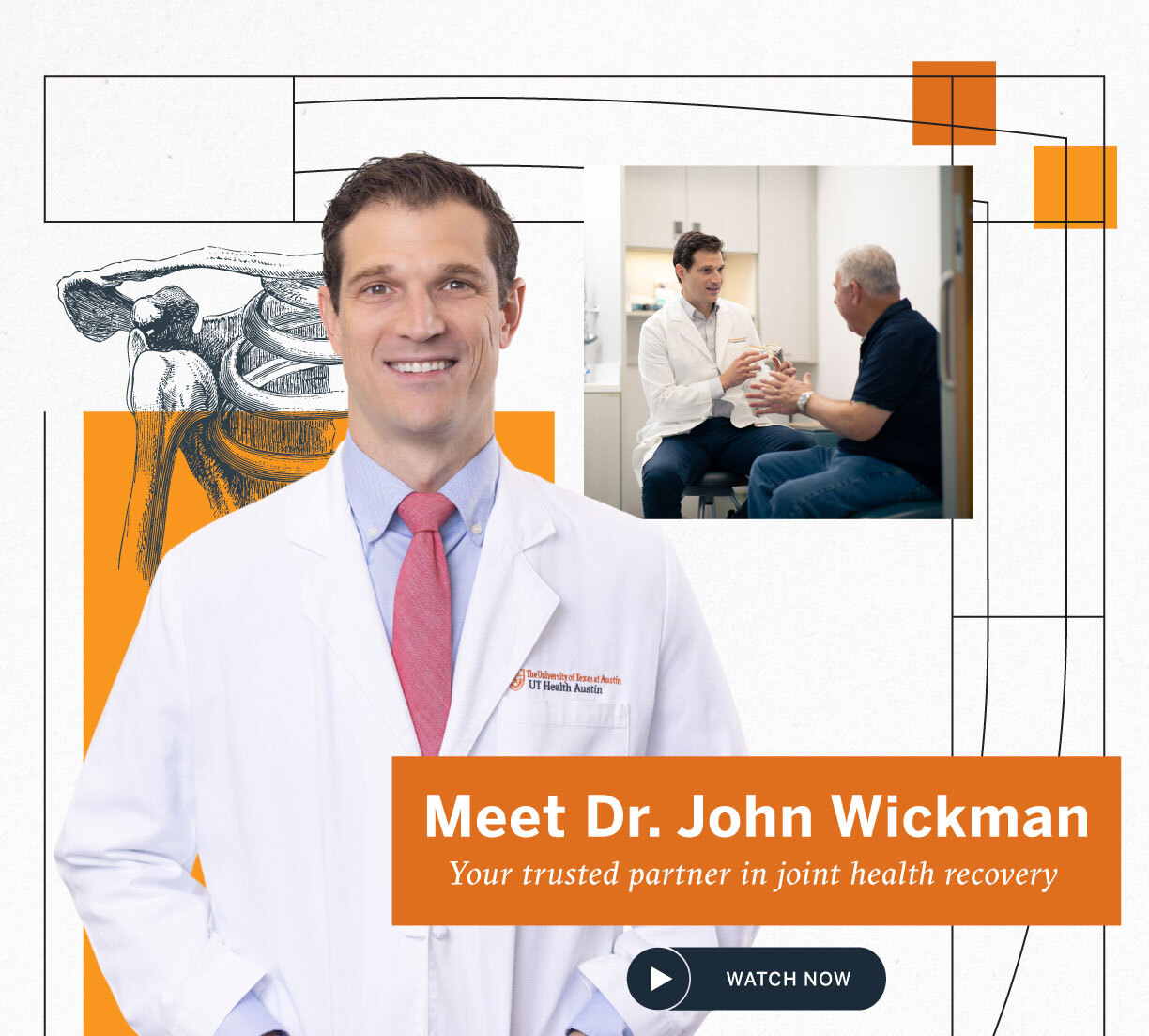 Dr. John Wickman, wearing a white coat and red tie, smiles in front of a joint anatomy illustration and a photo of him consulting with a patient. Text introduces him as a specialist in joint health recovery and patient care.
