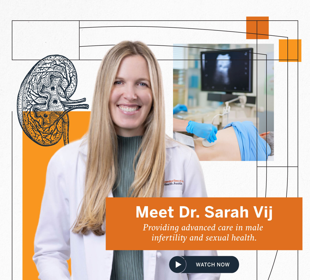 Dr. Sarah Vij, smiling in a white coat, with text introducing her as a specialist in male infertility and sexual health. Background includes a kidney illustration and an ultrasound procedure in progress.