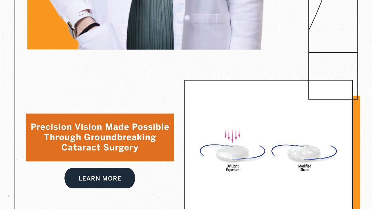 Illustration of a cataract surgery lens being reshaped by UV light exposure, shown next to text about precision vision and groundbreaking cataract surgery.