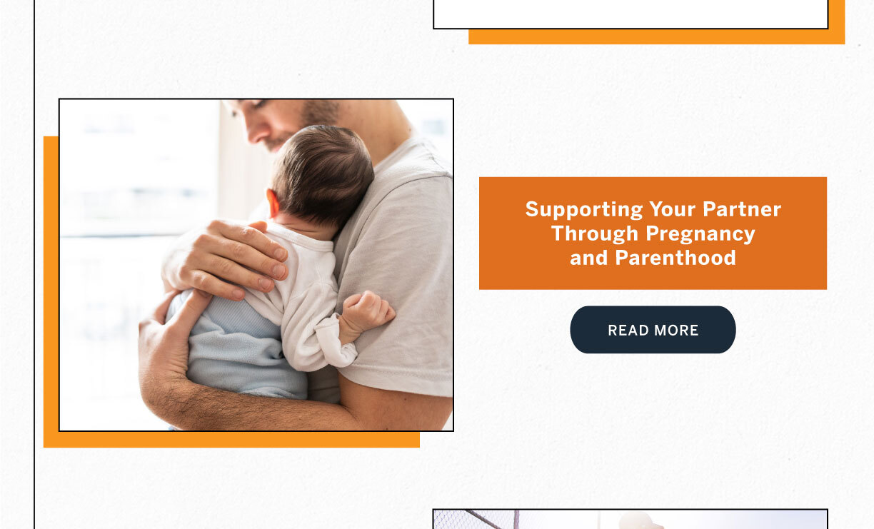 Man gently holding and comforting a baby on his shoulder in a softly lit room, illustrating support through pregnancy and parenthood.