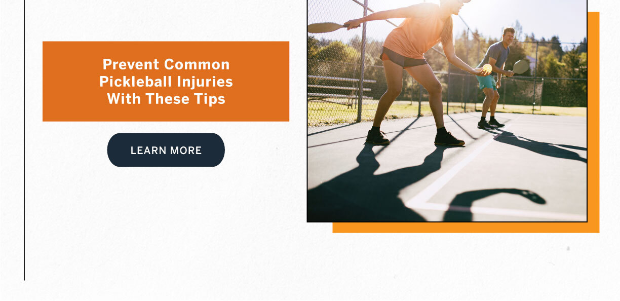 Two people playing pickleball on an outdoor court, with one player lunging forward to hit the ball, promoting tips for preventing common pickleball injuries.