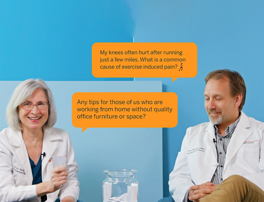 Chiropractors Sylvia Deily, DC, Cert-MDT and Devin Williams, DC, NP-C from UT Health Austin's Musculoskeletal Institute appear in this screenshot from the "Asking for a Friend" video.