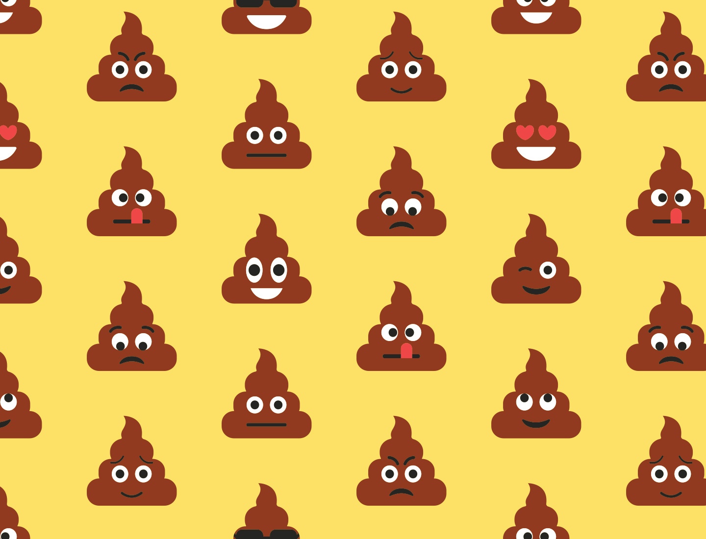 A graphic shows a repeating pattern of the standard "poop" emoji on a yellow background.