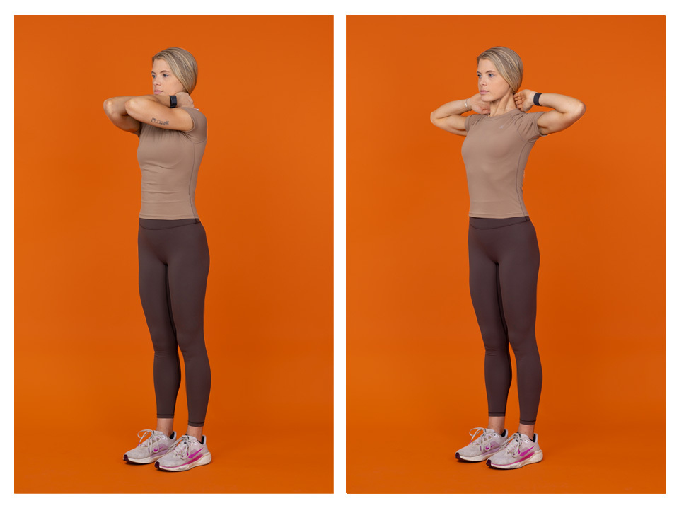 A woman with long blonde hair in a ponytail is seen standing in two different photos against an orange background. She is wearing tan/brown exercise clothes. In the first photo, her hands are clasped around the back of her neck with her elbows touching in front of her. In the second photo, her hands are also clasped around the back of her neck, but her elbows are open out to her sides.