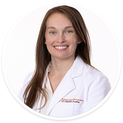 A circular portrait of Claire Sokas, MD