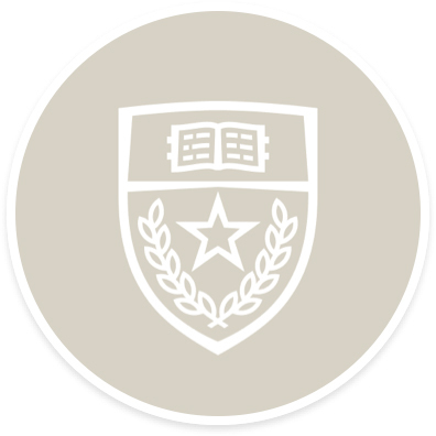 The UT Austin crest in white against a beige background.